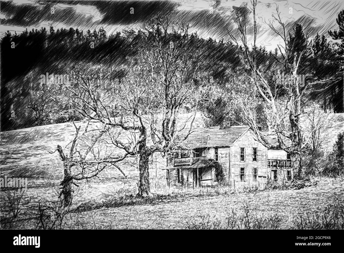 Schwarz-Weiß-Foto-Illustration eines verlassenen Bauernhauses an einem düsteren Wintertag in Deep Gap, North Carolina. Stockfoto