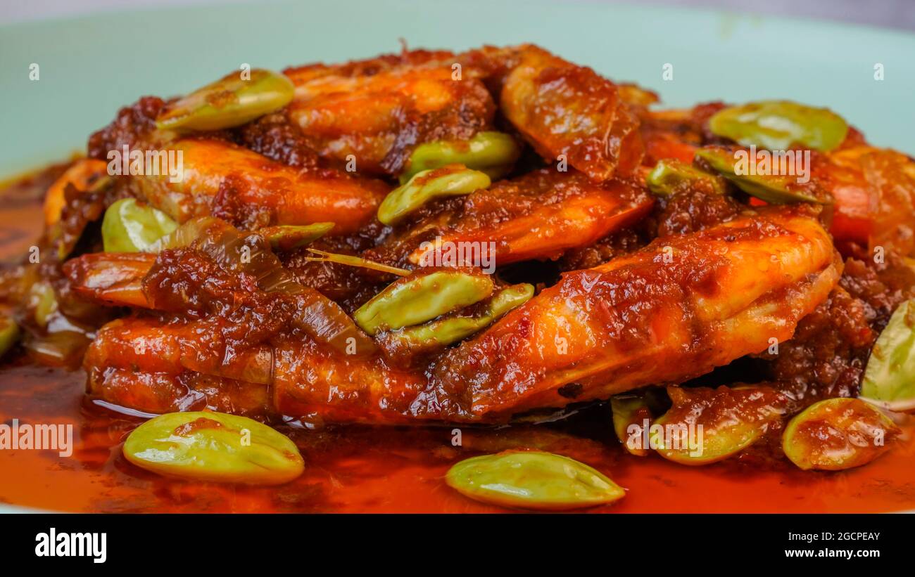 Köstliche Garnelen würziges Gericht mit stinkenden Bohnen in Malaysia als Sambal Udang Petai bekannt. Stockfoto