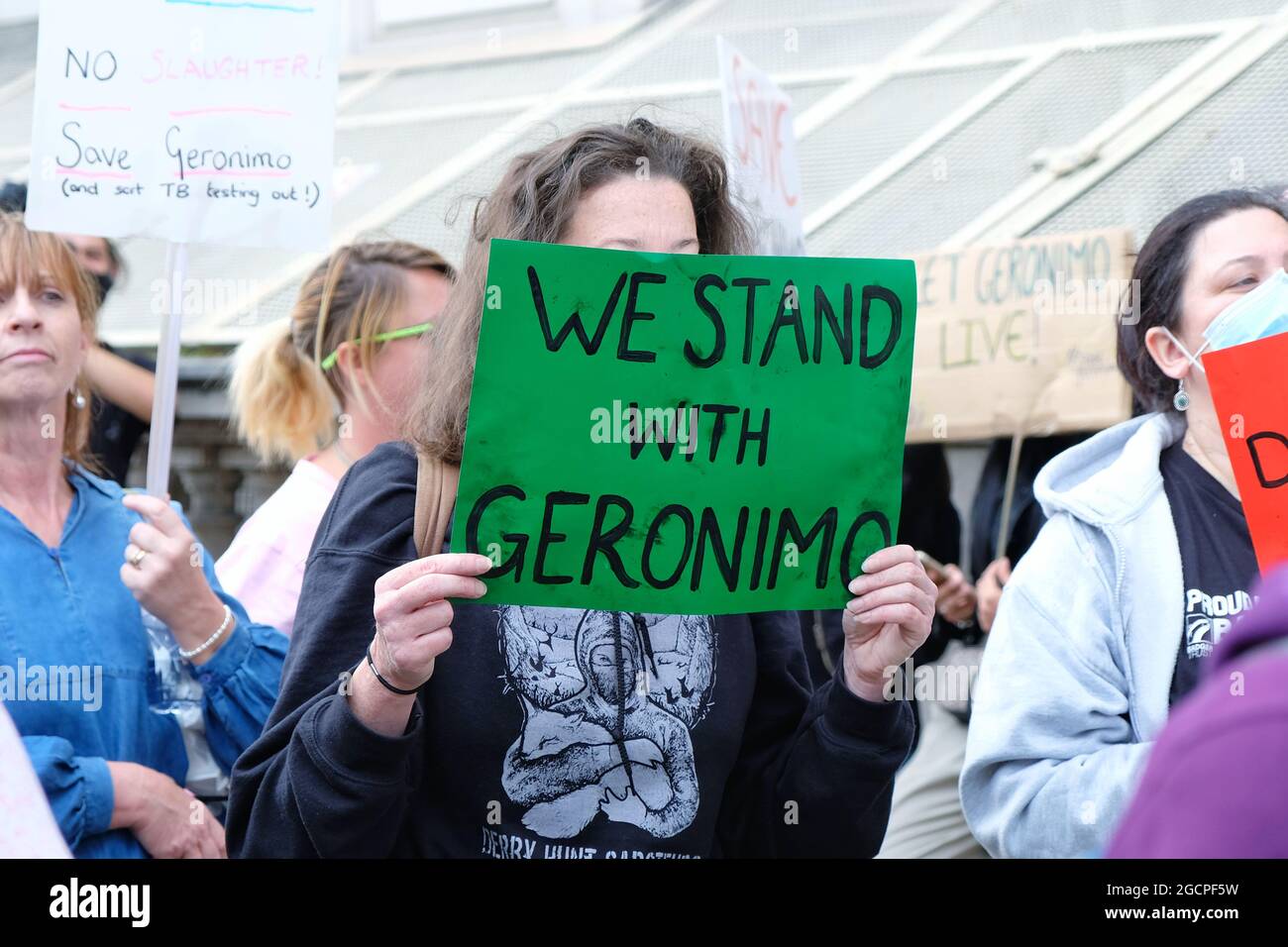 London, Großbritannien. Ein Protestler hält ein Plakat auf einer Demonstration gegen die Tötung von Geronimo, einem Alpaka, der positiv auf Rindertuberkupsie getestet wurde, hoch. Stockfoto