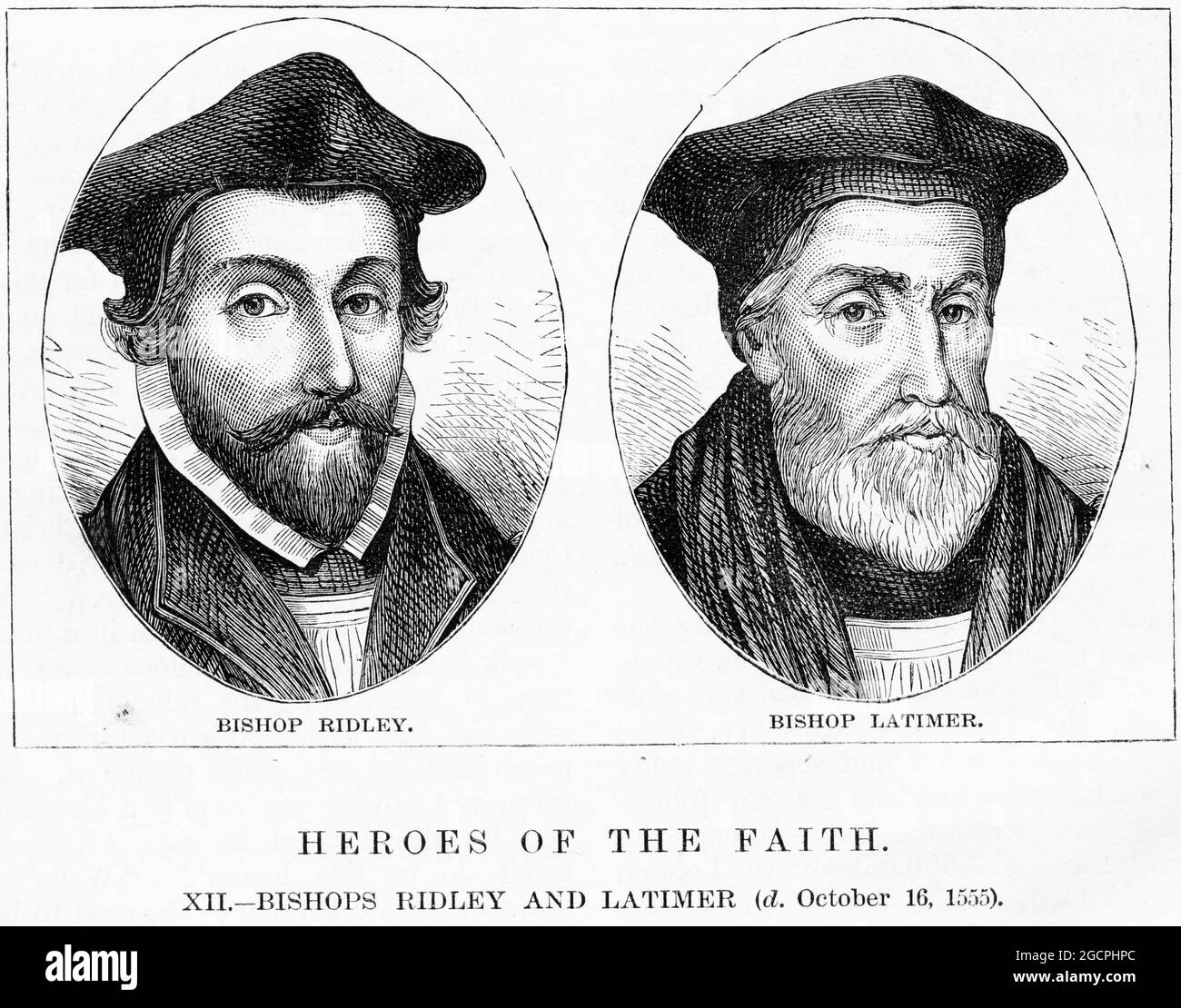 Gravur der anglikanischen Märtyrer Bischöfe Ridley und Latimer Stockfoto