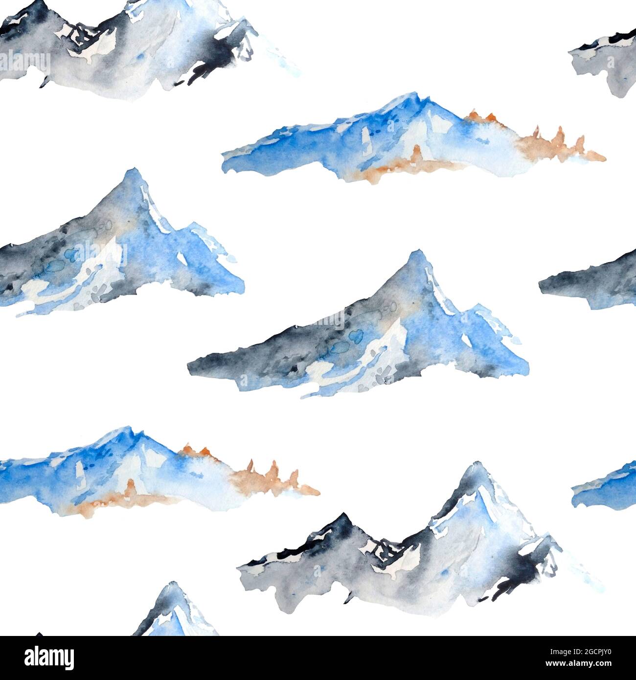 Aquarell von Hand gezeichnetes nahtloses Muster mit blauen Bergspitzen im Winter. Skifahren Outdoor-Aktivitäten Tourismus-Konzept. Natur Landschaft kaltes Wetter Hügel Stockfoto