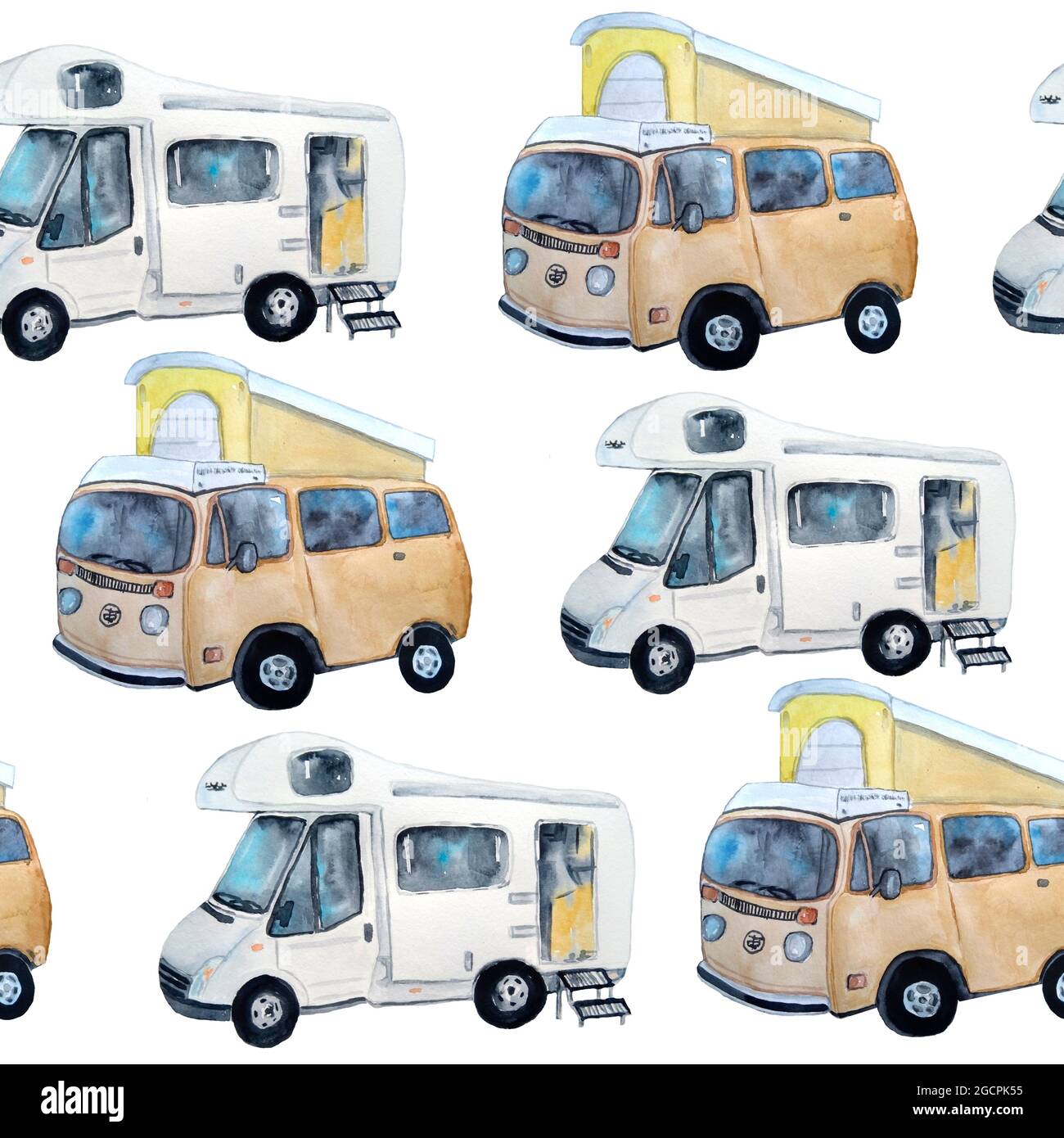 Aquarell von Hand gezeichnet nahtlose Muster mit Herbst Herbst Landschaft mit Bergen Himmel orange Gras Büsche und Anhänger Wohnmobil, Touristenzelt. Tourismus Outdoor-Camping-Aktivitäten. Wilder Wald Natur september oktober Stockfoto