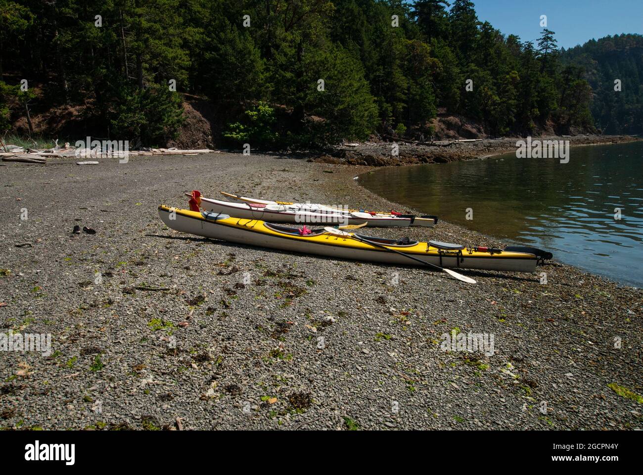 Kajaks am Beaumont Beach, South Pender Island, British Columbia, Kanada Stockfoto