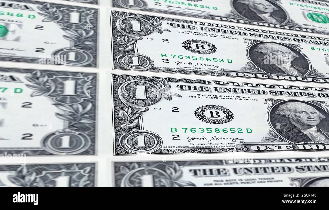 Nahaufnahme einer 1-Dollar-Banknote. Makrofotografie von 1 US-Dollar-Banknote. DER US-Dollar ist die Weltwährung. Porträt von George Washington auf dem f Stockfoto