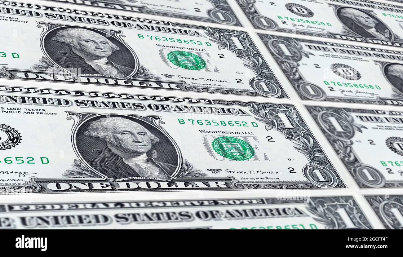 Nahaufnahme einer 1-Dollar-Banknote. Makrofotografie von 1 US-Dollar-Banknote. DER US-Dollar ist die Weltwährung. Porträt von George Washington auf dem f Stockfoto