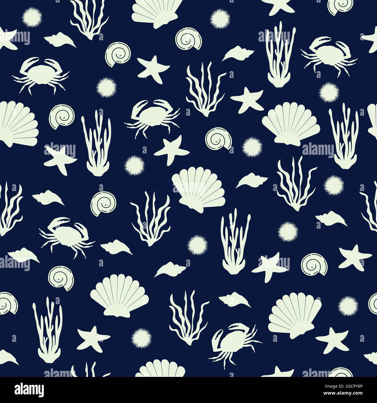 Unterwasser-Nahtloses Muster. Tropischer mariner Wildlife Korallen, Muscheln, Krabben und Seesterne Hintergrund. Vektor- und Illustrationsdesign. Stock Vektor