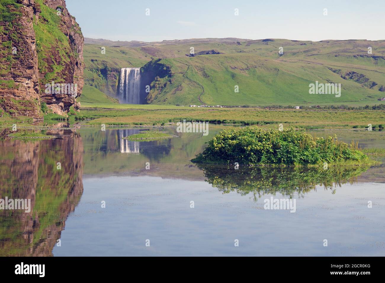 Wassermassen stürzen senkrecht in die Tiefe, Spiegelung im Wasser, grüne Landschaft, Skogafoss, Island Stockfoto