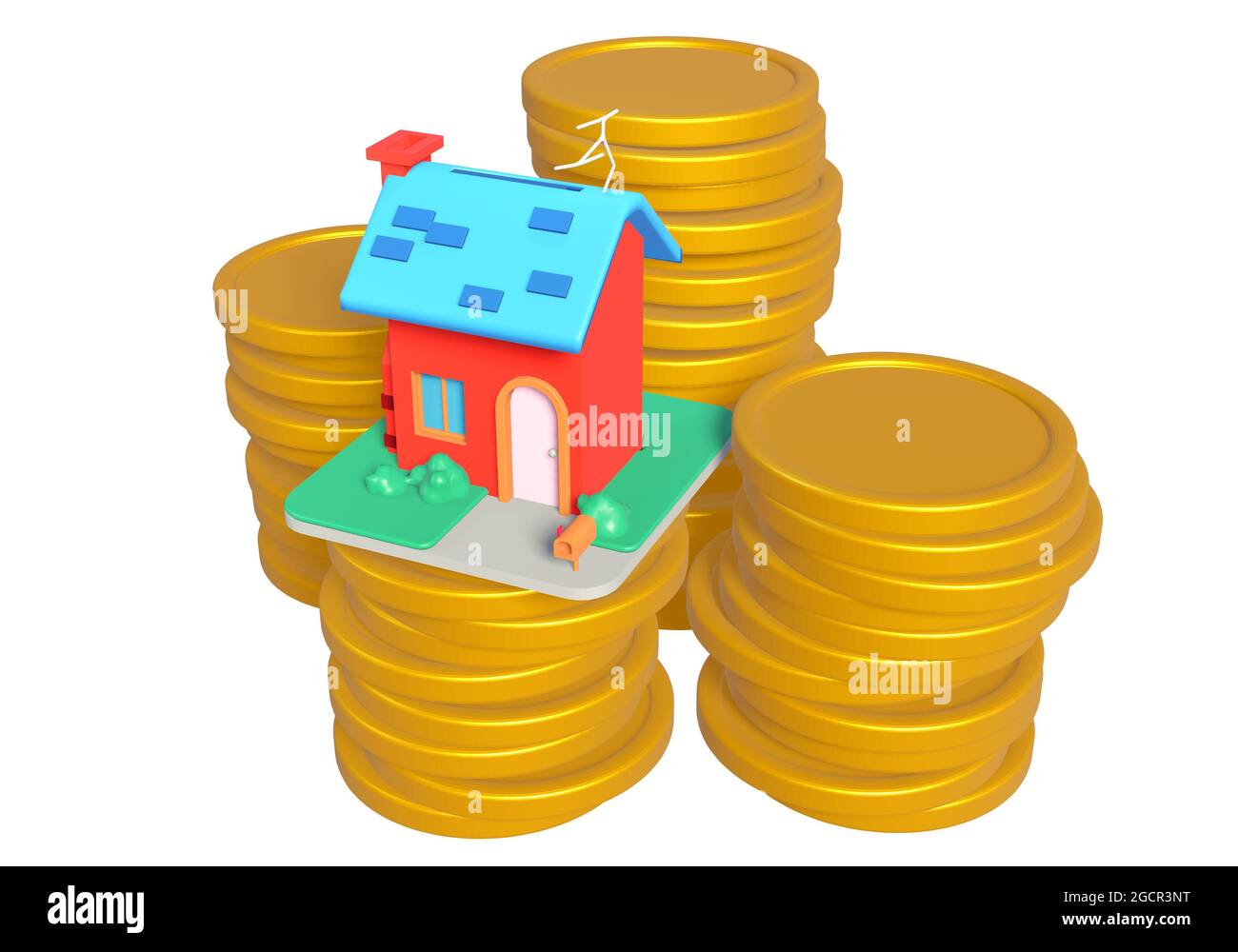 Eine 3D-Illustration einer niedlichen Cartoon-Haus-Geldbox mit Goldmünzen auf weißem Hintergrund (3D-Rendering) Stockfoto
