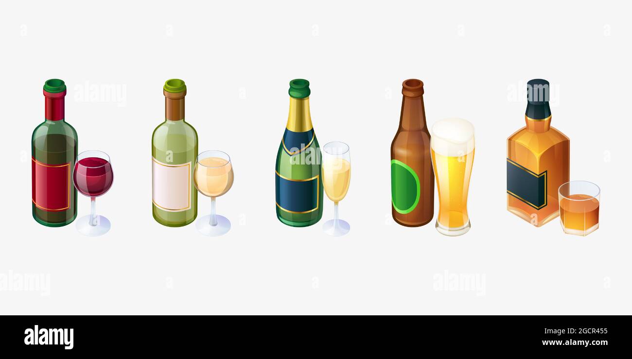Set Flaschen und Gläser, Rot- und Weißwein, Bier Stock Vektor