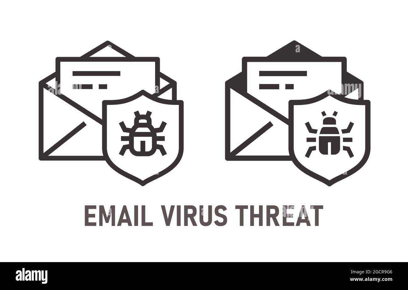 Symbol für Virenbedrohung per E-Mail. Vektorgrafik isoliert auf Weiß. Stock Vektor