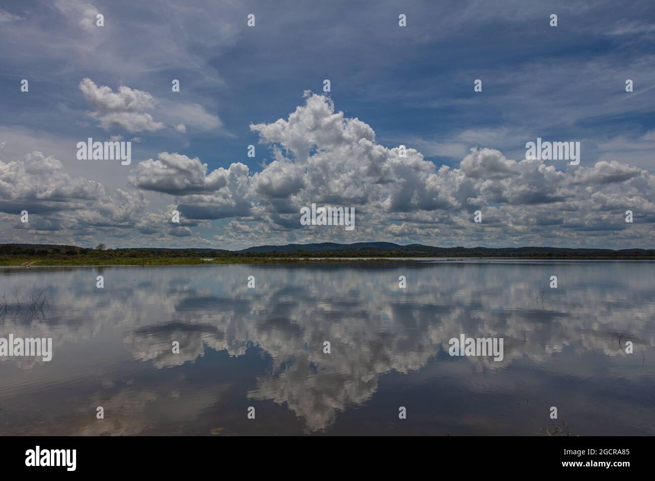 Wasserspiegelwirkung auf den Minniya Wewa See im Minniya Nationalpark, Sri Lanka. Wolkenlandschaft Panorama Landschaftsfotografie mit Reflexion o Stockfoto