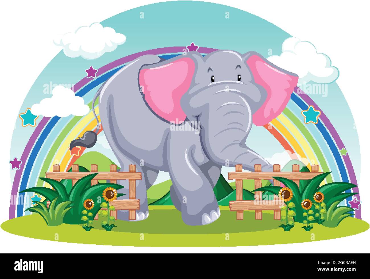 Elefant im Garten mit Regenbogen auf weißem Hintergrund Stock Vektor