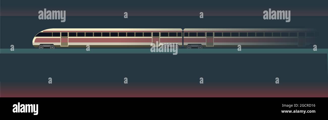 Hochgeschwindigkeitszug Suburban und städtischen U-Bahn-Verkehr. Horizontal. Eisenbahn mit einer Lokomotive. U-Bahn. Dunkle Abbildung. Flaches Design. Vektor. Stock Vektor