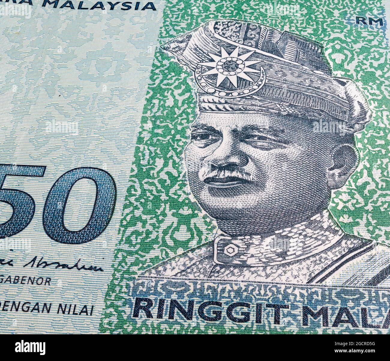 Super Makro-Fotografie von 50 ringgit Malaysia. Extreme Nahaufnahme auf einer 50 RM Banknote. In der Mitte die großen 50. Auf der einen Seite die rote Hibiskusblüte auf der Stockfoto