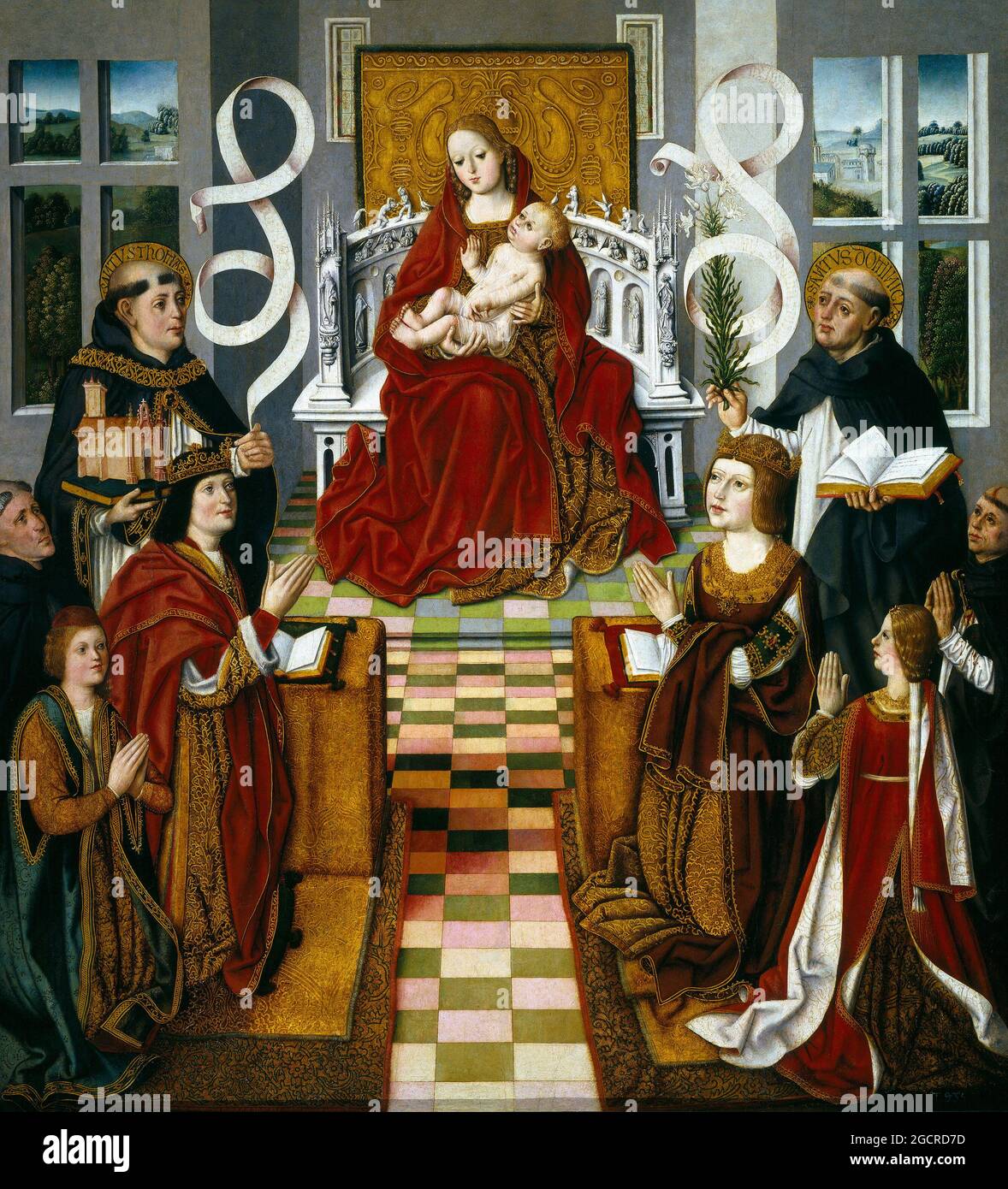 Spanien: "Madonna der Katholischen Könige". Tempera auf Tafelbild von Fernando Gallego (1440-1507) von Isabella I. von Kastilien, c. 1490. Isabella I. (spanisch: Isabel I., Ysabel, als Elisabeth anglikiert) (22. April 1451 – 26. November 1504) war Königin von Kastilien und Leon. Sie und ihr Ehemann Ferdinand II von Aragon brachten Stabilität in beide Königreiche, die die Grundlage für die Vereinigung Spaniens wurde. Später legten die beiden unter ihrem Enkel Karl V., dem Heiligen Römischen Kaiser, den Grundstein für die politische Vereinigung Spaniens. Stockfoto