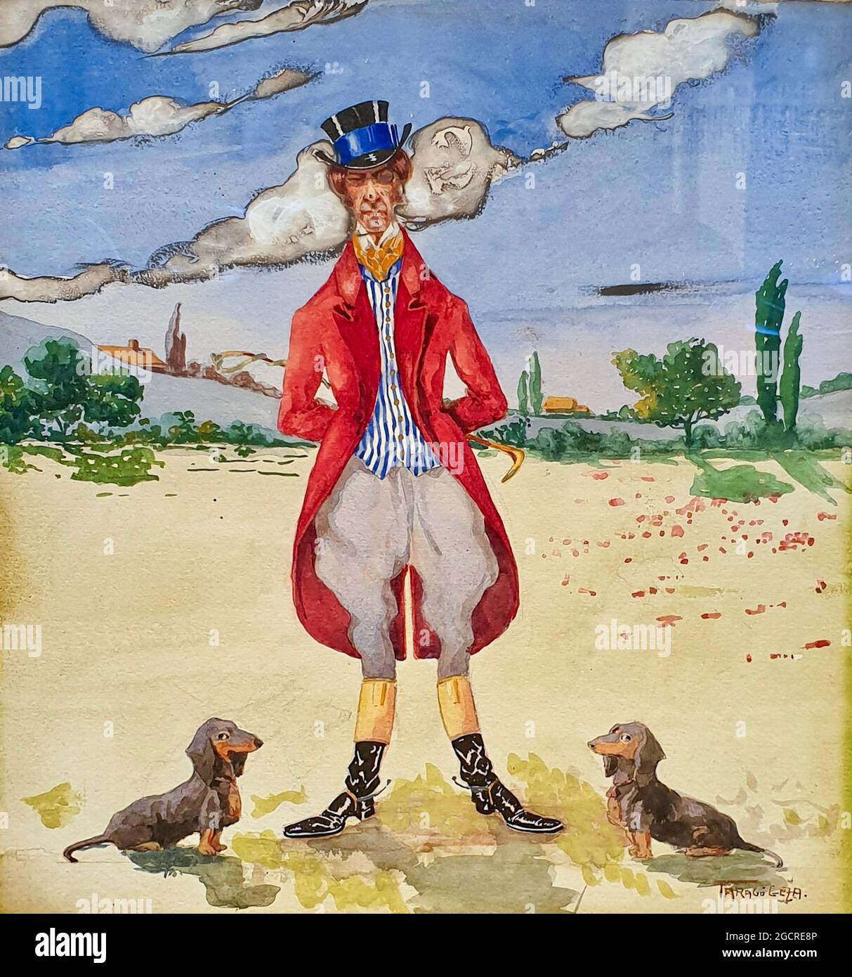 Géza Faragó Kunstwerk mit dem Titel „Creaser“. Ein Herr im roten Mantel steht als Friedensstifter scheinbar zwischen zwei Dackel aka Wursthunden. Stockfoto
