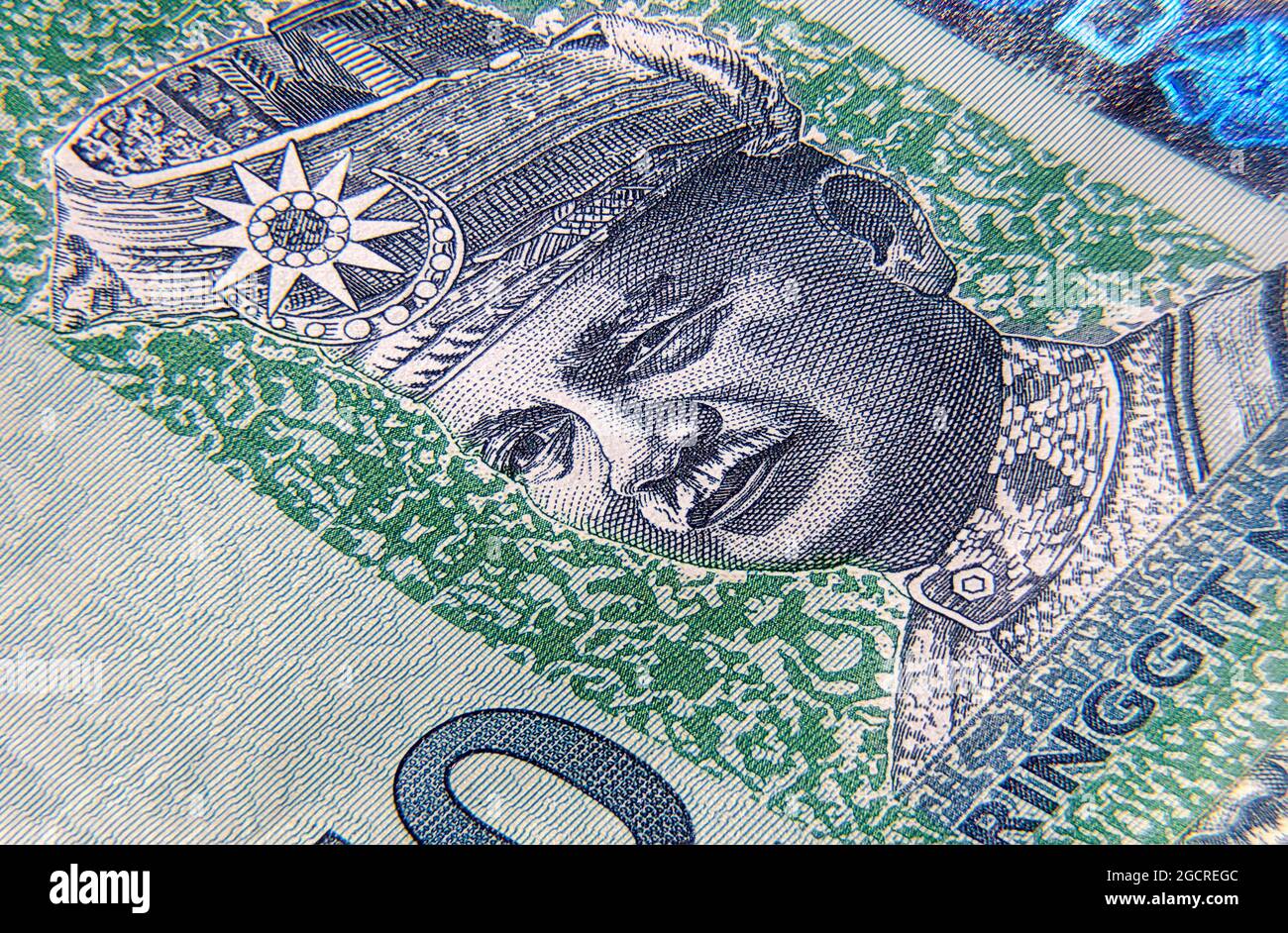 Super Makro-Fotografie von 50 ringgit Malaysia. Extreme Nahaufnahme auf einer 50 RM Banknote. In der Mitte die großen 50. Auf der einen Seite die rote Hibiskusblüte auf der Stockfoto
