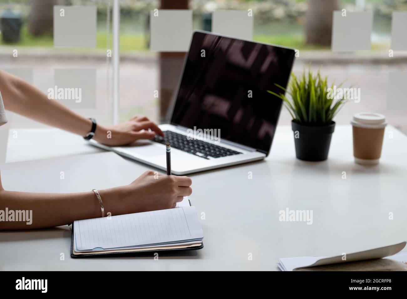 Nahaufnahme einer Woman Writer Hand Schreiben in einem Notebook zu Hause Stockfoto