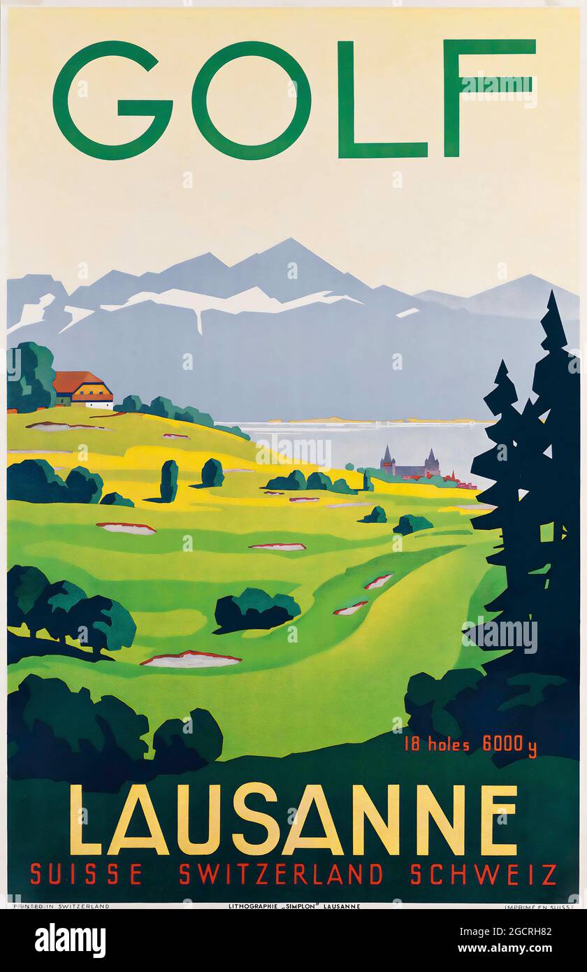 Vintage Travel Poster Lausanne, GOLF - Schweiz, Schweiz, Schweiz. Retro-Werbung. Anonymer Künstler. 1936. Stockfoto