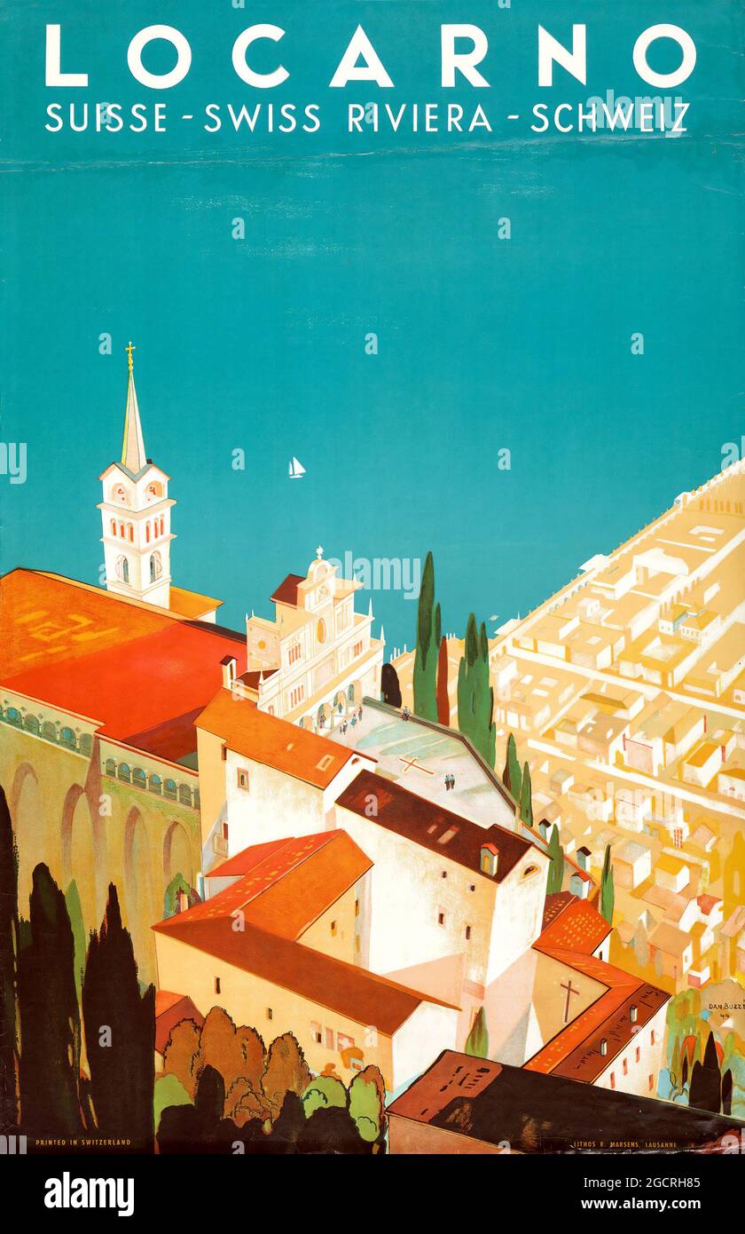 Locarno - Vintage Travel Poster - Schweiz, Schweiz, Schweiz. Retro-Werbung. Schweizer Riviera. 1944. Stockfoto