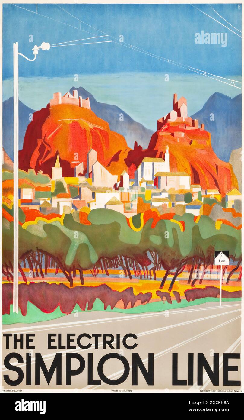 Die Elektrische Simplon-Linie. Vintage Travel Poster Schweiz, Schweiz, Schweiz. Retro-Werbung. 1930s. Stockfoto