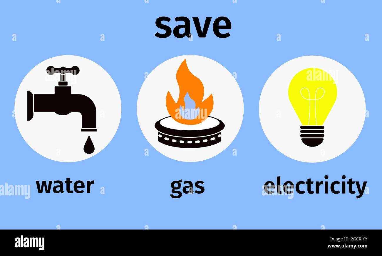 Versorgungsunternehmen, sparen natürliche Ressourcen. Vektor-Set von  Bildern von Strom, Gas und Wasser Stock-Vektorgrafik - Alamy