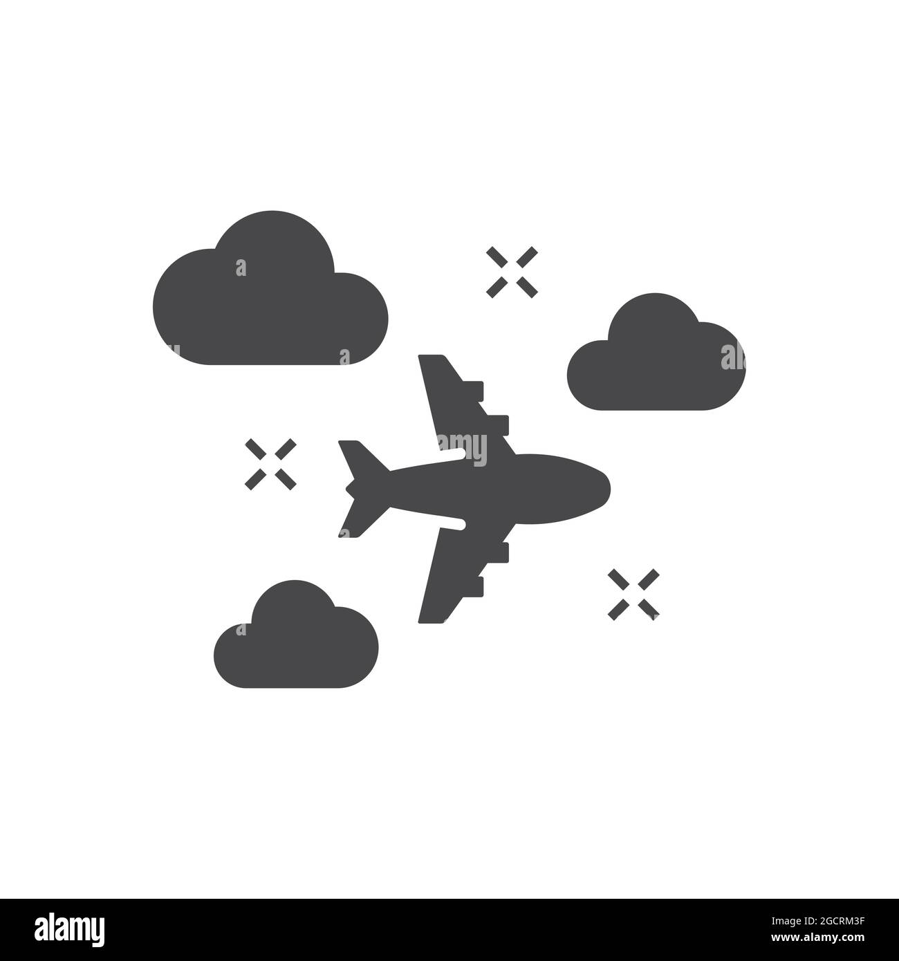 Flugzeug fliegt mit Wolken am Himmel Symbol. Schwarzes Vektor-Reisesymbol. Stock Vektor