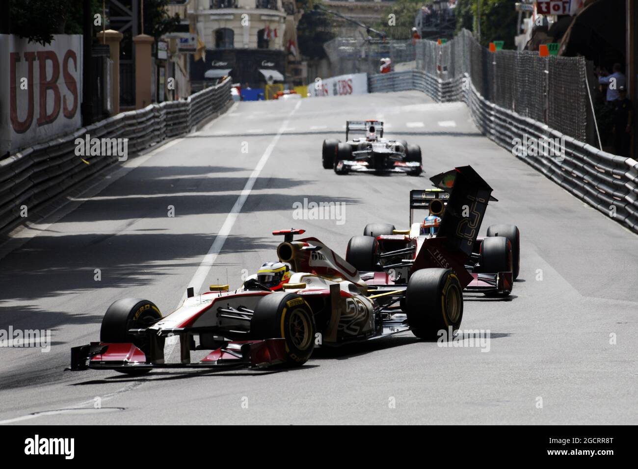 Pedro De La Rosa (ESP) HRT Formel 1 Team F112 mit gebrochenem Heckflügel. Großer Preis von Monaco, Sonntag, 27. Mai 2012. Monte Carlo, Monaco. Stockfoto