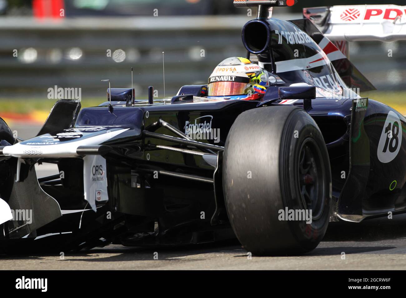 Pastor Maldonado (EHRW.) Williams FW34, bei dem das Rennen ausscheidet und sein Auto beschädigt wurde. Großer Preis von Belgien, Sonntag, 2. September 2012. Spa-Francorchamps, Belgien. Stockfoto
