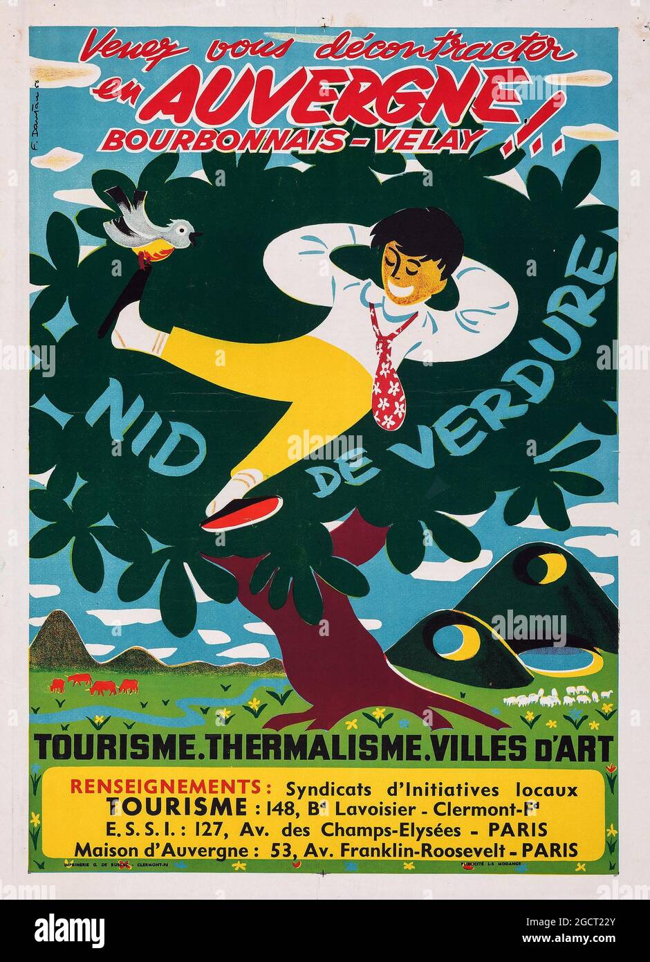 Französisches Reiseplakat – Auvergne Bourbonnais-Velay (Modange, 1950) Nid de Verdure. Stockfoto