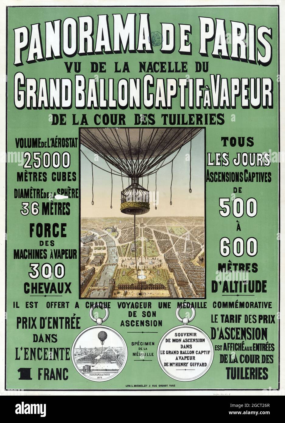 Panorama de Paris – Grand Ballon Captif à Vapeur. De La Cour des Tuileries. Henri Giffards Gefangener Ballon. Aus der Vogelperspektive von Paris 1878. Stockfoto