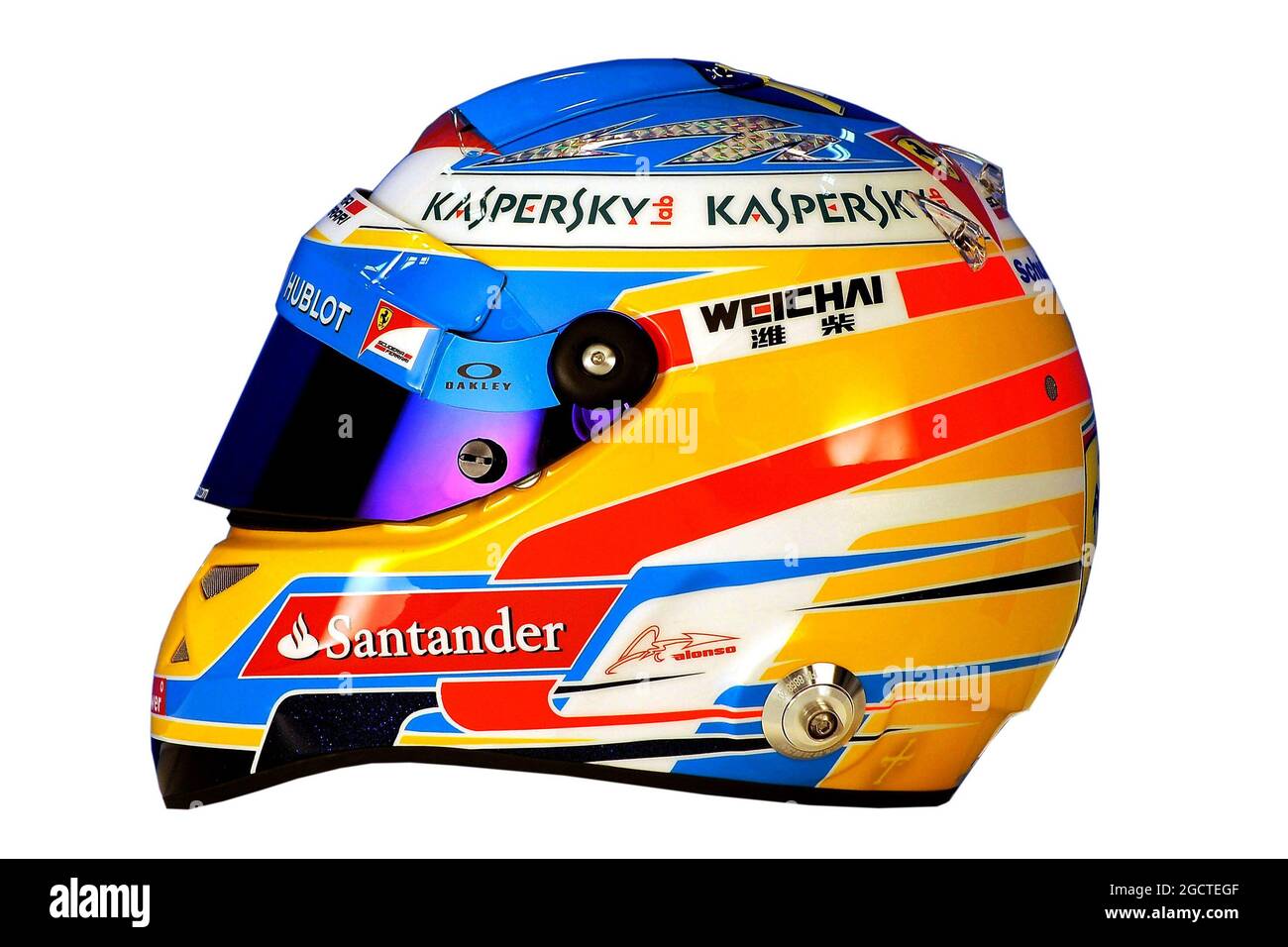 Der Helm von Fernando Alonso (ESP) Ferrari. Formel-1-Test, Bahrain Test zwei, Tag vier, Sonntag, 2. März 2014. Sakhir, Bahrain. Stockfoto