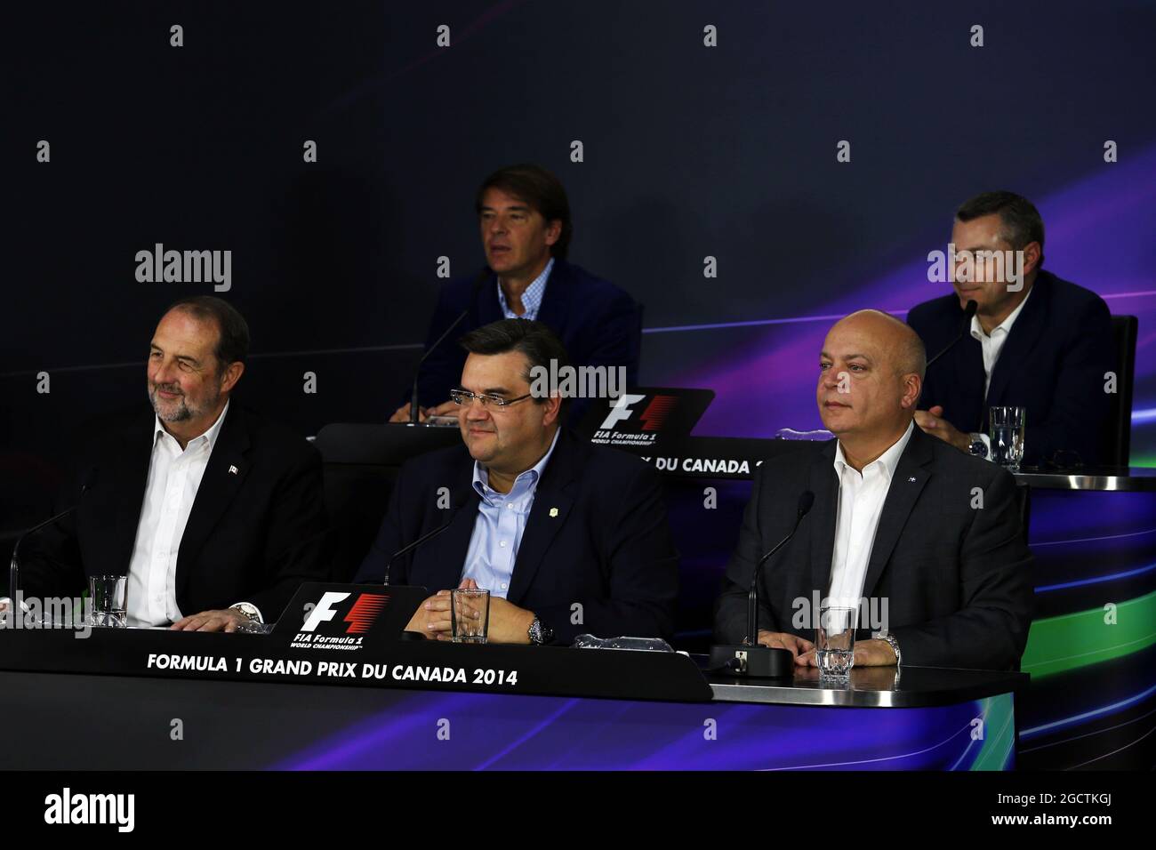 Eine Pressekonferenz, auf der bekannt gegeben wird, dass der kanadische GP-Vertrag in Montreal um weitere zehn Jahre verlängert wurde. Großer Preis von Kanada, Samstag, 7. Juni 2014. Montreal, Kanada. Stockfoto