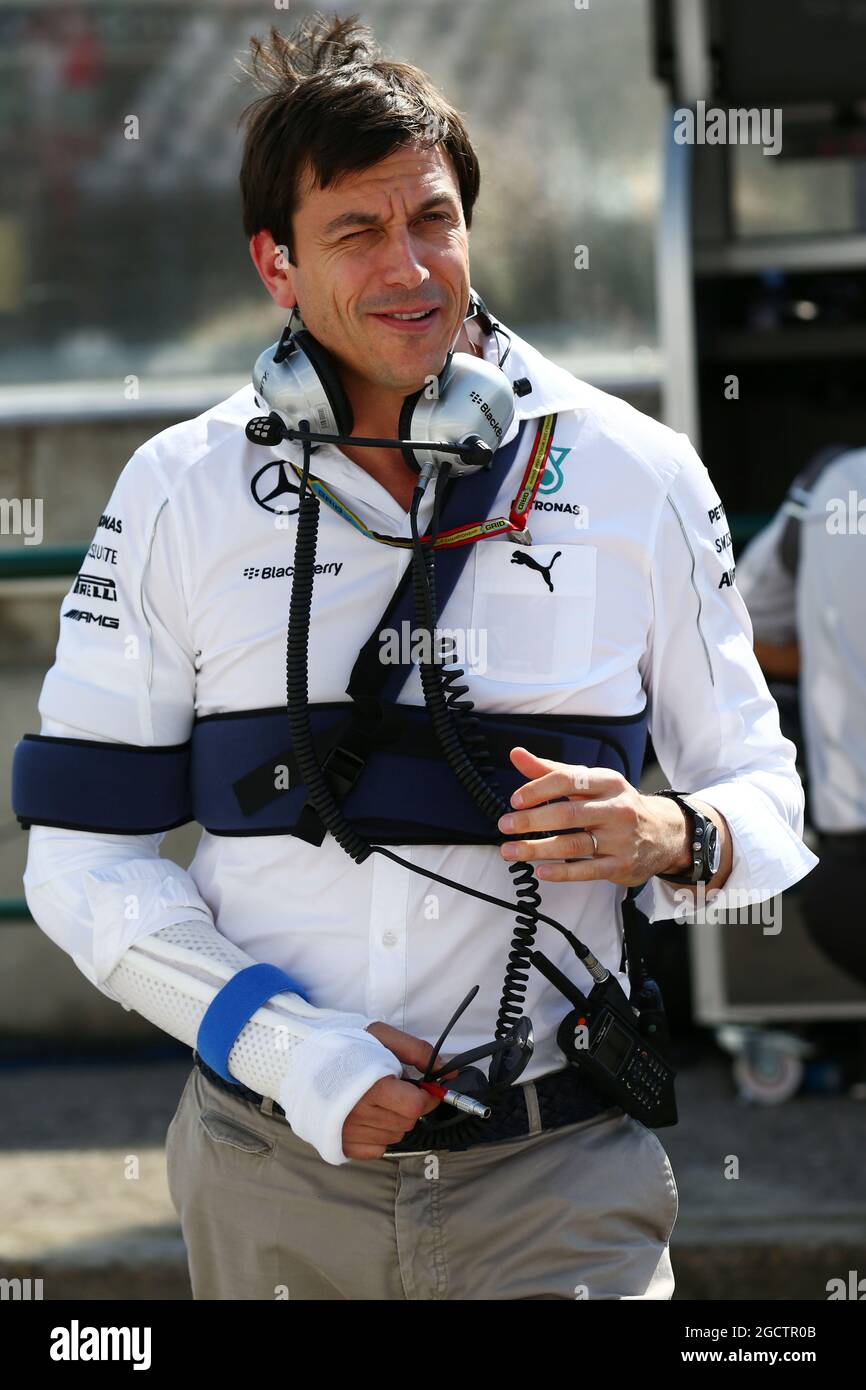 Toto Wolff (GER) Mercedes AMG F1 Aktionär und Geschäftsführer mit Verletzungen bei einem Radverkehrsunfall. Großer Preis von Ungarn, Freitag, 25. Juli 2014. Budapest, Ungarn. Stockfoto