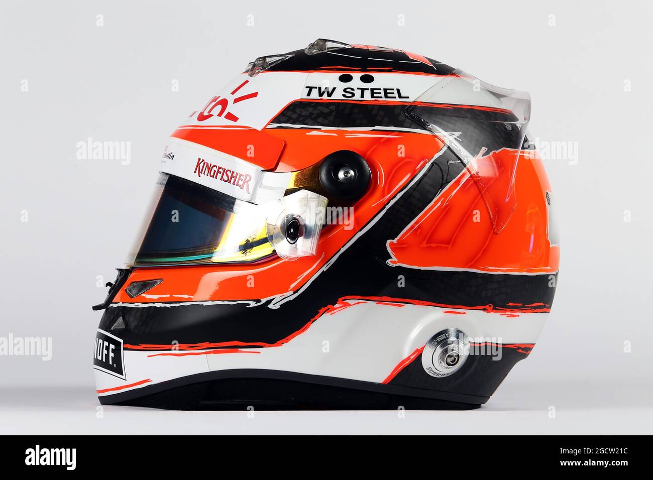 Der Helm von Nico Hulkenberg (GER) Sahara Force India F1. Sahara Force India F1 Team Lackierung enthüllt, Soumaya Museum, Mexiko-Stadt, Mexiko. Mittwoch, 21. Januar 2015. Stockfoto