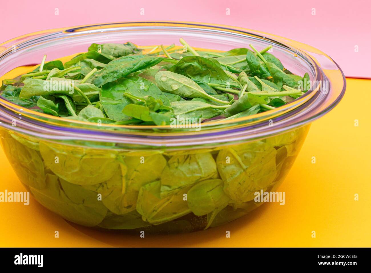 Frisches Baby Spinat Blätter im Wasser in Glasschale auf gelbem Hintergrund. Vegane und vegetarische Kultur. Rohkost, Grüne Blätter. Gesunde Ernährung Stockfoto
