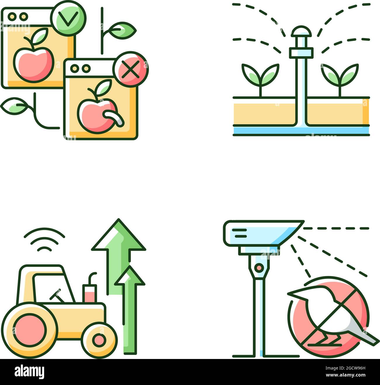 Automatisierte Systeme in der Landwirtschaft RGB-Farbsymbole eingestellt Stock Vektor