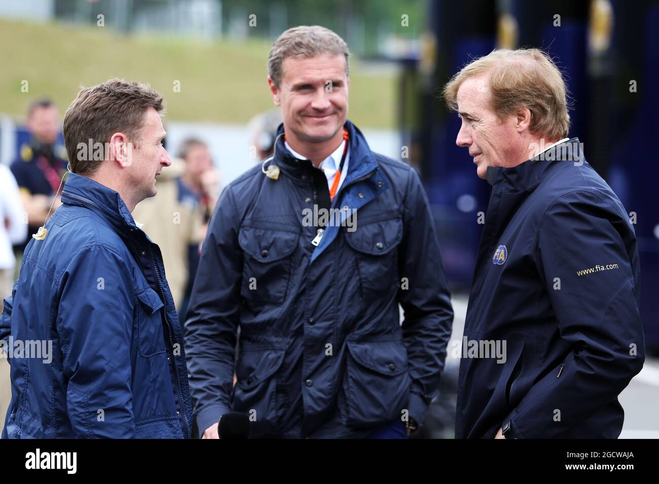 (L bis R): Allan McNish (GBR) BBC F1 Presenter mit David Coulthard (GBR) Red Bull Racing und Scuderia Toro Advisor / BBC Television Kommentator und Danny Sullivan (USA) FIA Steward. Großer Preis von Österreich, Samstag, 20. Juni 2015. Spielberg, Österreich. Stockfoto