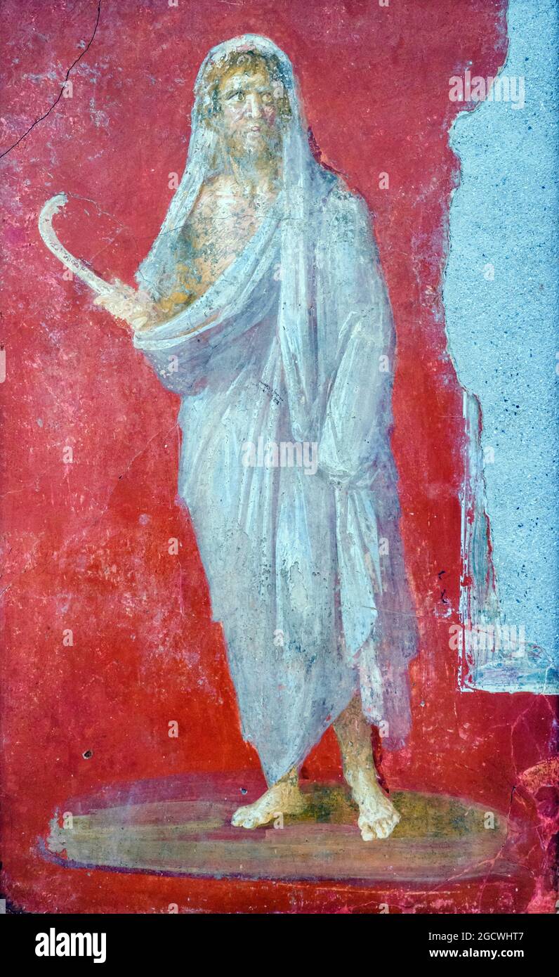 Saturn der gott trägt den Wintermantel auf seinem Kopf und hat die Sichel in seiner rechten Hand Fresko Pompeji, Casa dei Dioscuri (Haus der Dioscuri) 62-79 n. Chr. Stockfoto