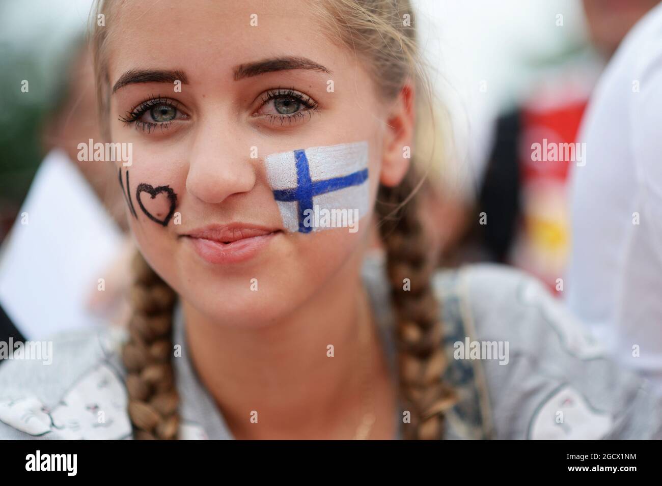 Finnischer Fan. Großer Preis von Ungarn, Sonntag, 24. Juli 2016. Budapest, Ungarn. Stockfoto