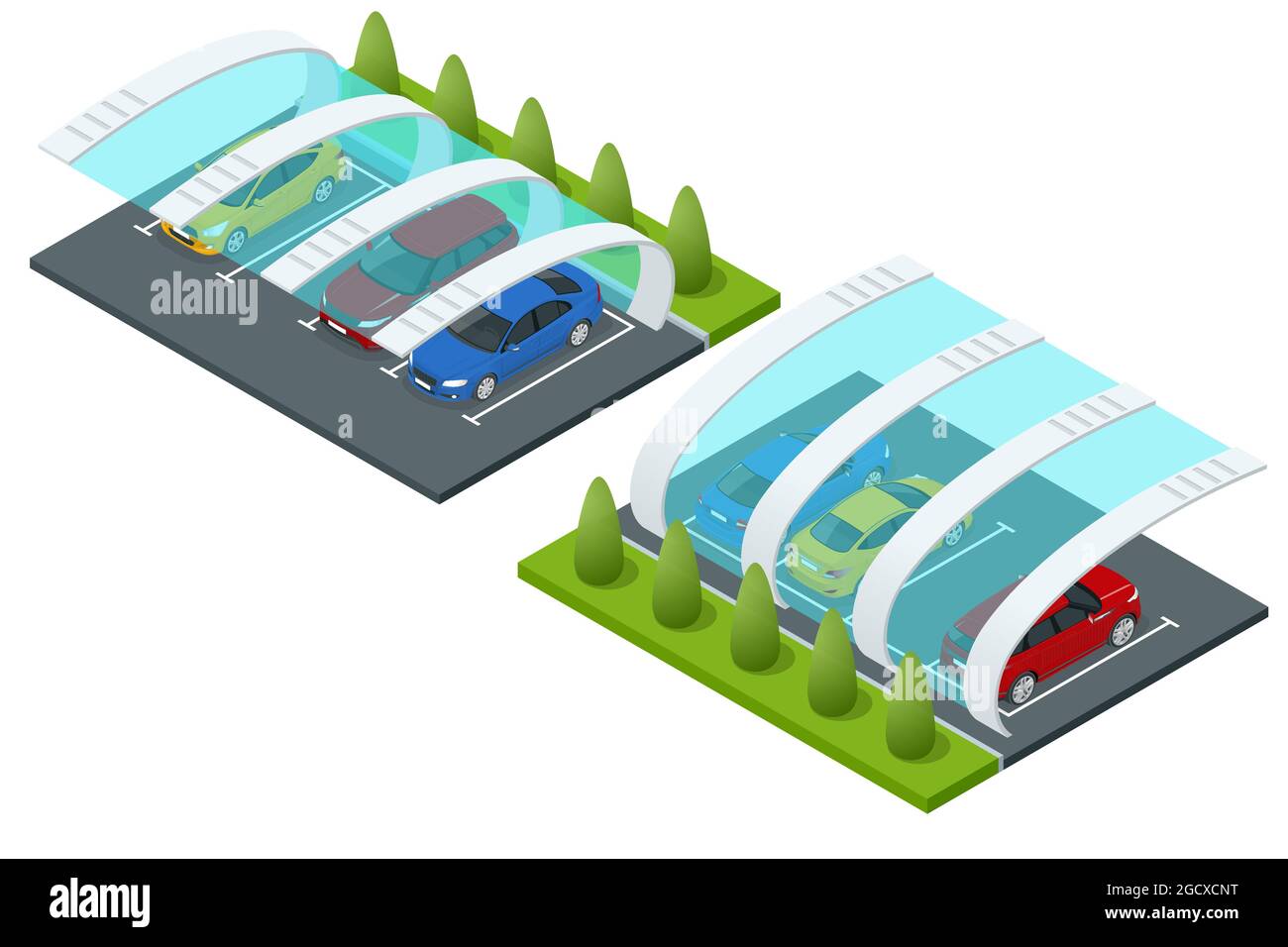 Isometrisches Straßendach des Außenparkplatzes. Außenparkhaus mit PKW und leerstehender Parkplatz im Parkhaus Stock Vektor