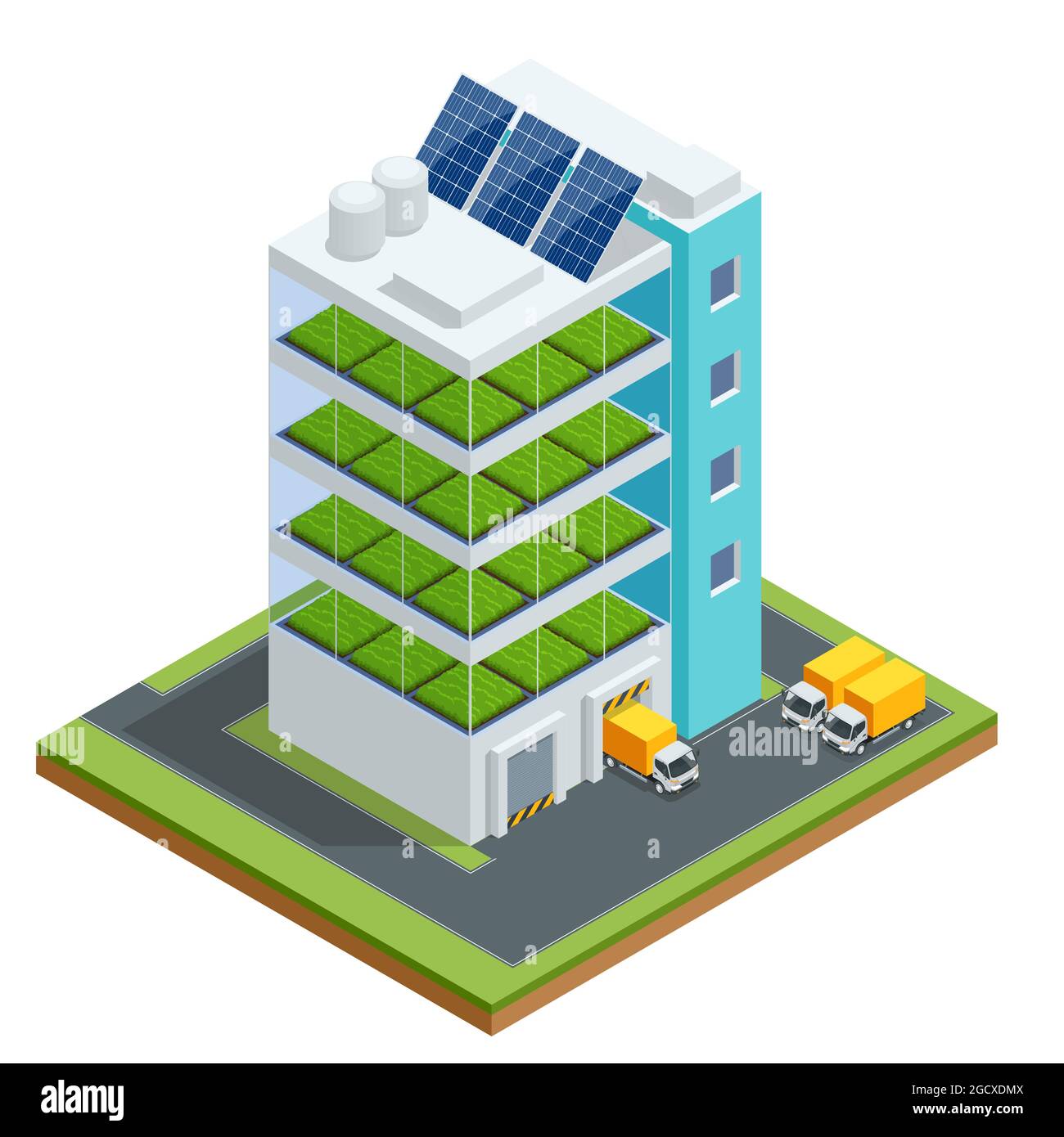 Isometrische moderne aeroponische Hydroponikfarm. Zukünftige Produktion von pflanzlichen Lebensmitteln. Pflanzenlebensmittelproduktion in vertikal gestapelten Schichten. Frisches Bio-Gemüse Stock Vektor