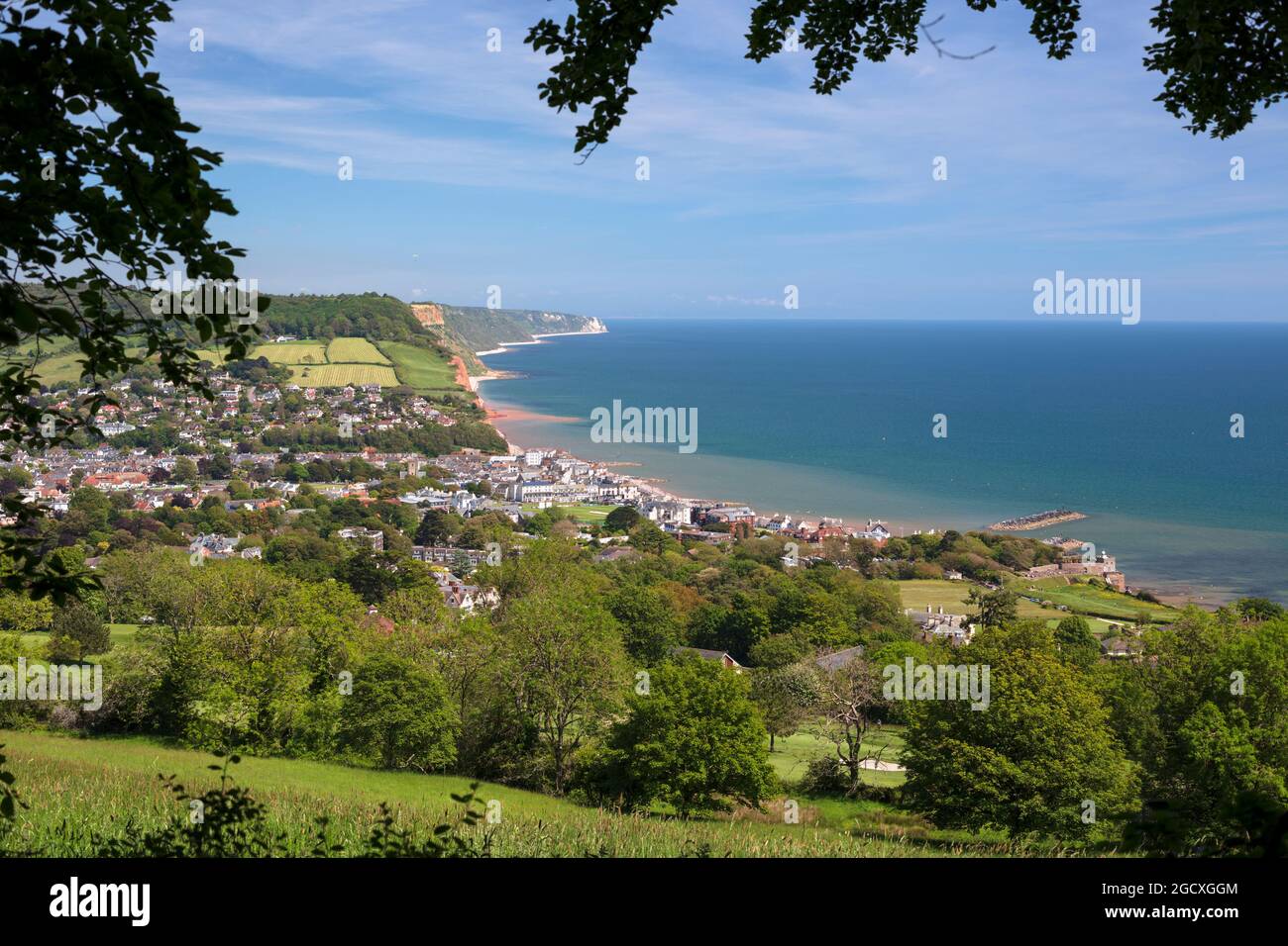 Blick über Sidmouth und Jurassic Coast nach Osten, Sidmouth, Jurassic Coast, Devon, England, Vereinigtes Königreich, Europa Stockfoto