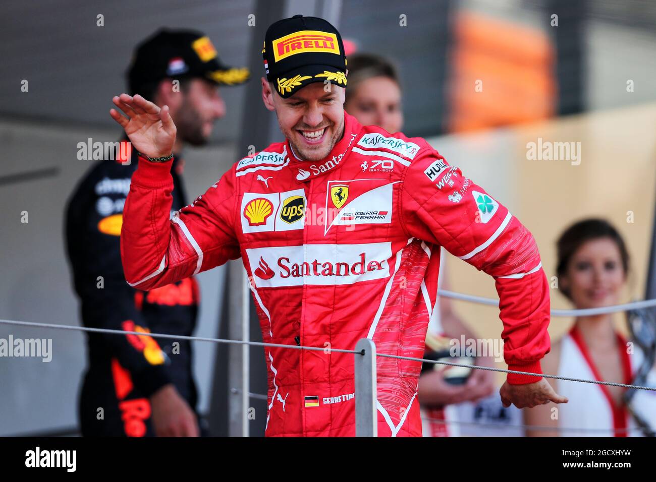 Rennsieger Sebastian Vettel (GER) Ferrari feiert auf dem Podium. Großer Preis von Monaco, Sonntag, 28. Mai 2017. Monte Carlo, Monaco. Stockfoto