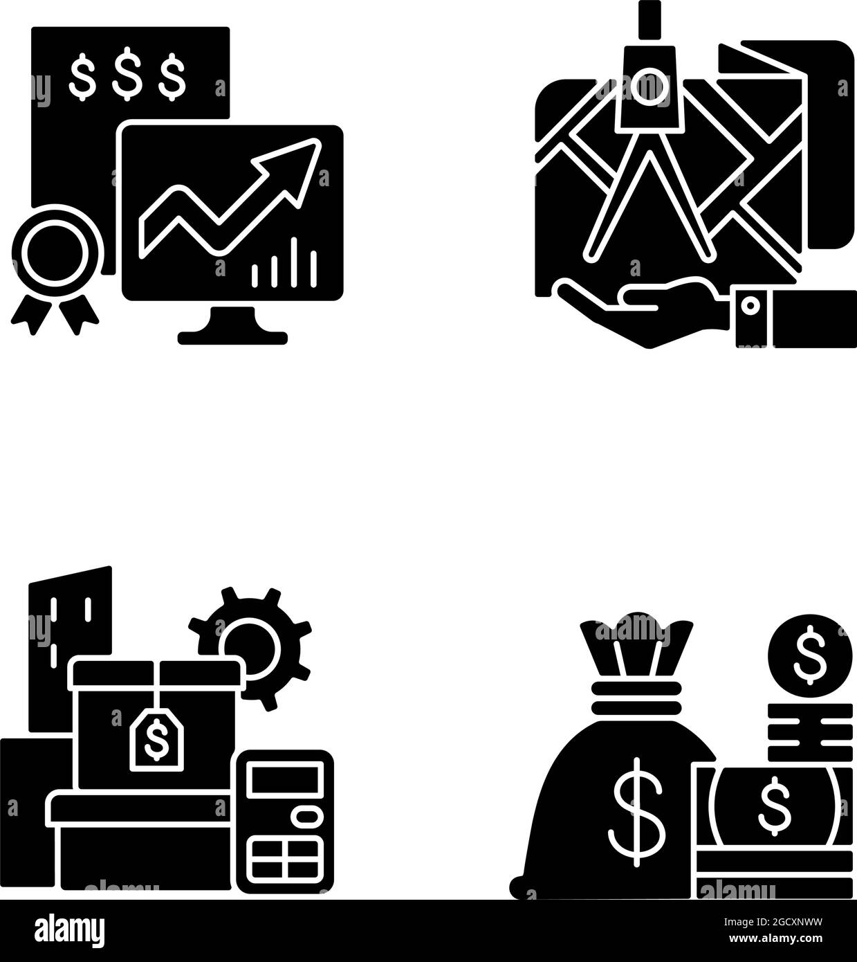 Assets Management: Schwarze Glyphen-Symbole auf weißem Raum Stock Vektor