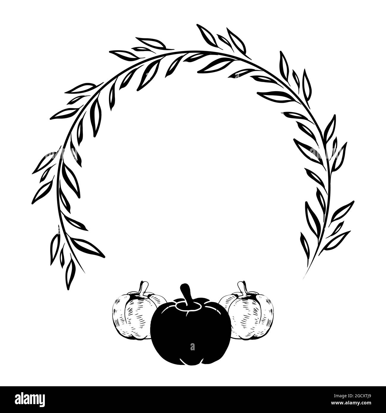 Kürbis mit Kranz - handgezeichnete Vektorgrafik. Herbstfarbgruß mit Kürbis. Geeignet für Einladungskarten oder Türdekorationen. Happy Harvest, Stock Vektor