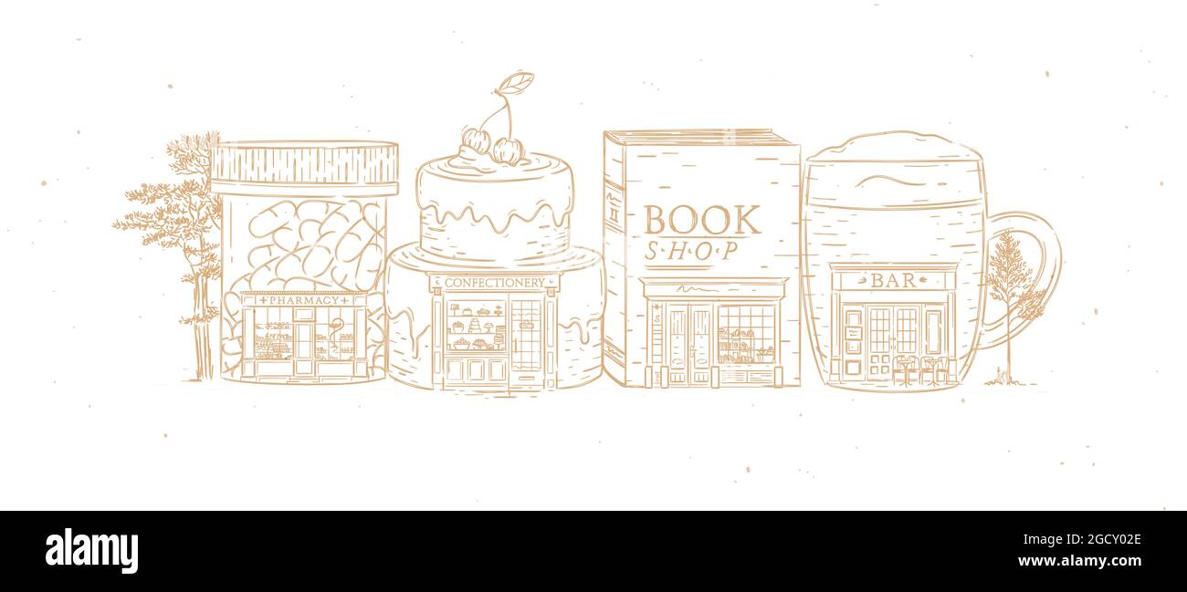 Satz von Schaufenstern Apotheke, Süßwaren, Buchhandlung, Bar Zeichnung mit beige Farbe Stock Vektor