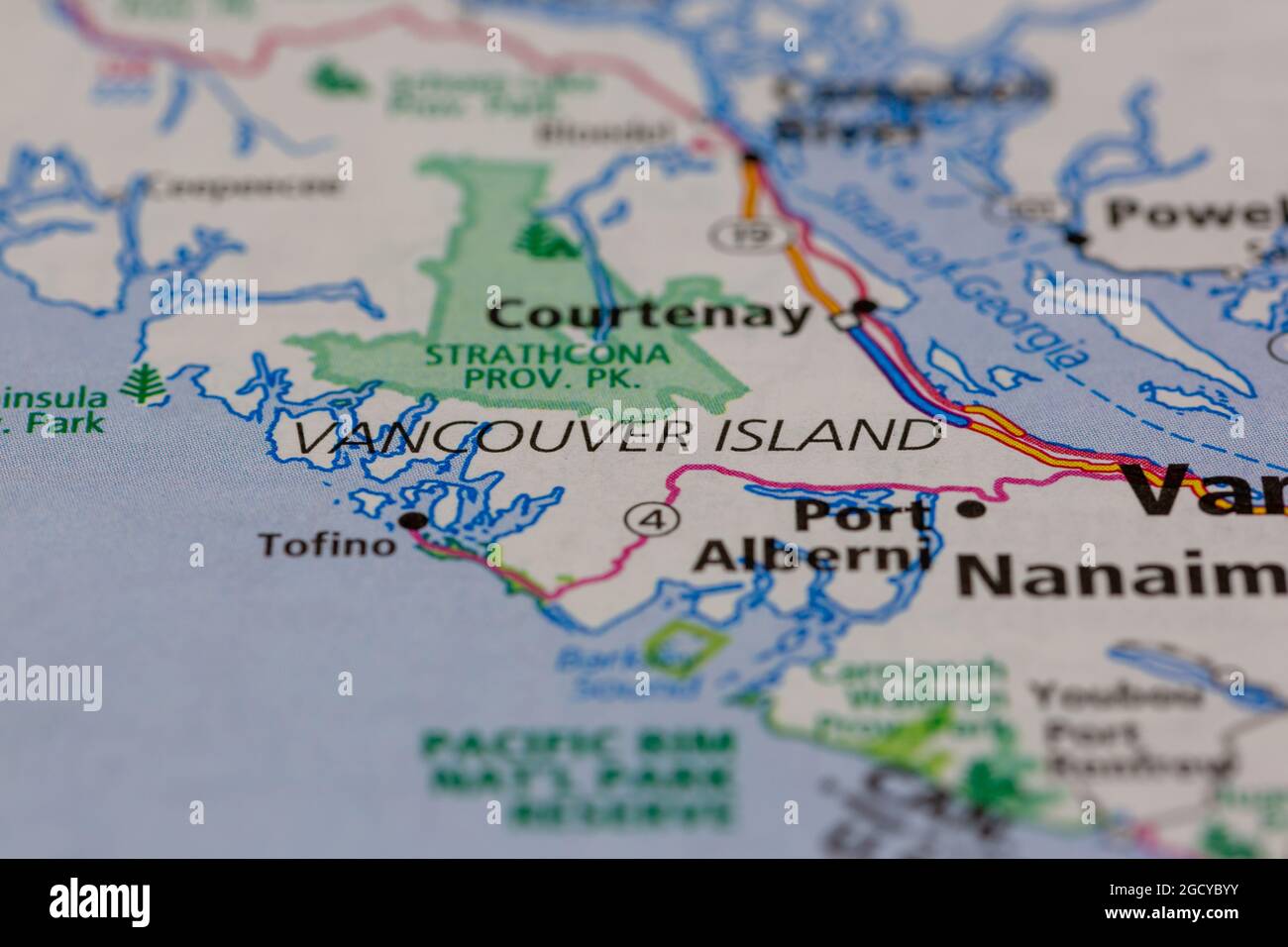 Vancouver Island Kanada auf einer Straßenkarte oder Geografie-Karte angezeigt Stockfoto