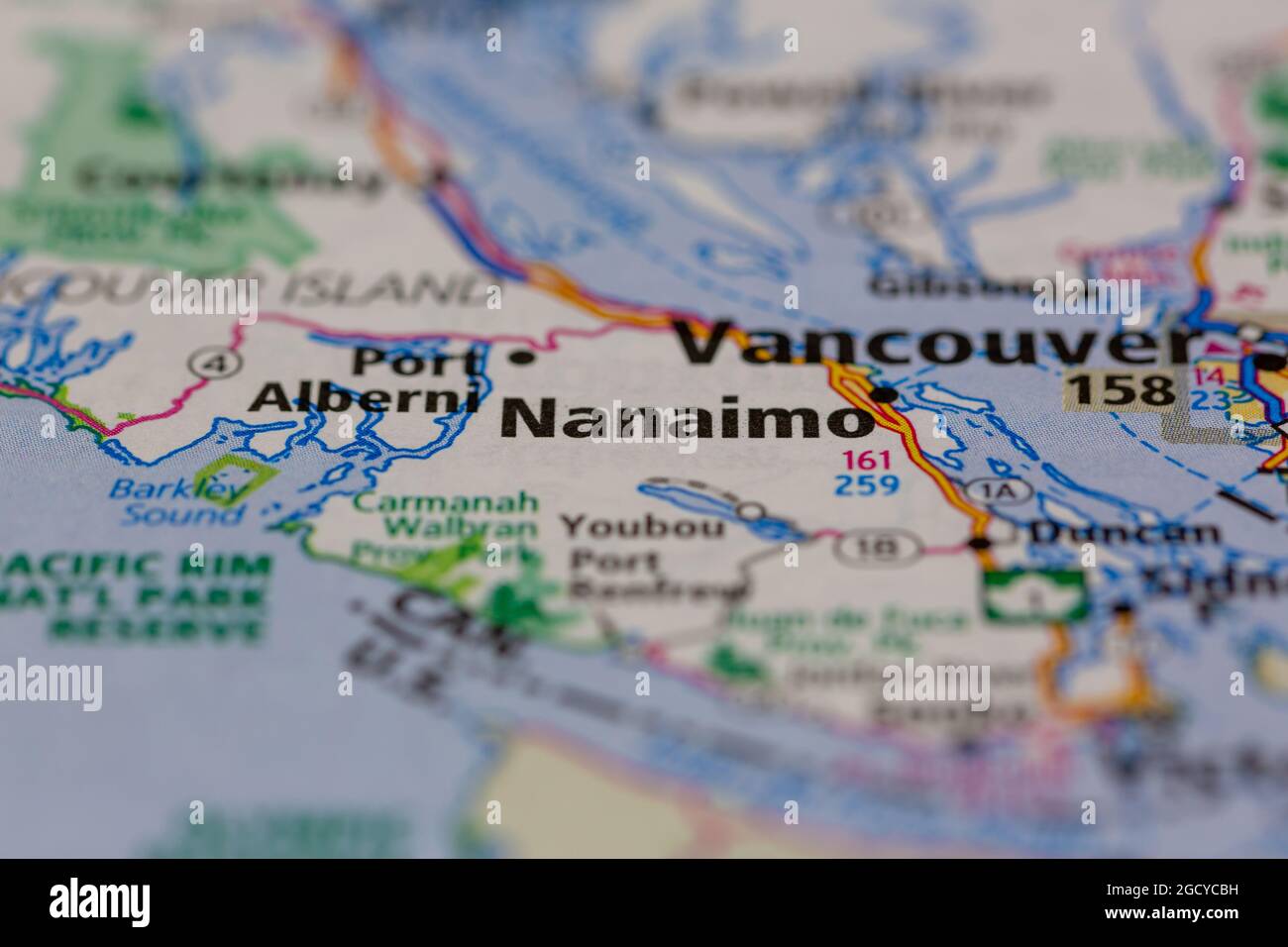 Nanaimo Vancouver Island Kanada auf einer Straßenkarte oder Geografie-Karte angezeigt Stockfoto