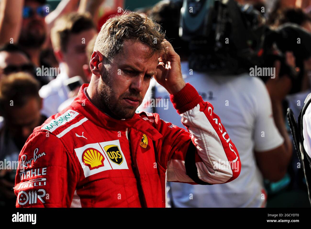 Sebastian Vettel (GER) Ferrari in Parc Ferme. Stockfoto